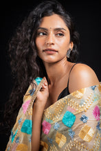 Load image into Gallery viewer, Cosmic Dreams Phulkari Dupatta for Women by Mystic Loom | Phulkari for online shopping | Organza Dupatta | Beige Gold | Light summer dupatta