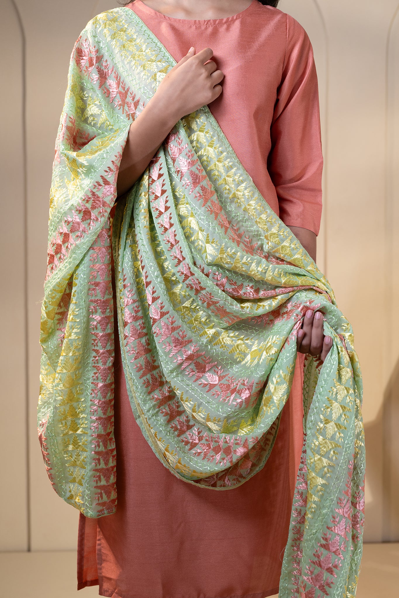 Chiffon Phulkari Dupatta for women by Mysticloom //  Green Dupatta embroidery