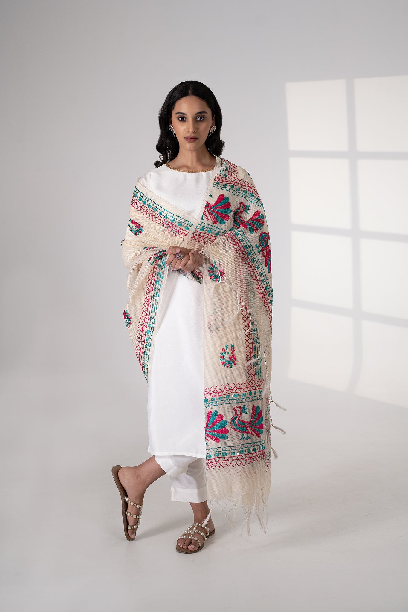 Mor Phulkari Dupatta for women by Mystic Loom // White Kota Dupatta Phulkari for online shopping 