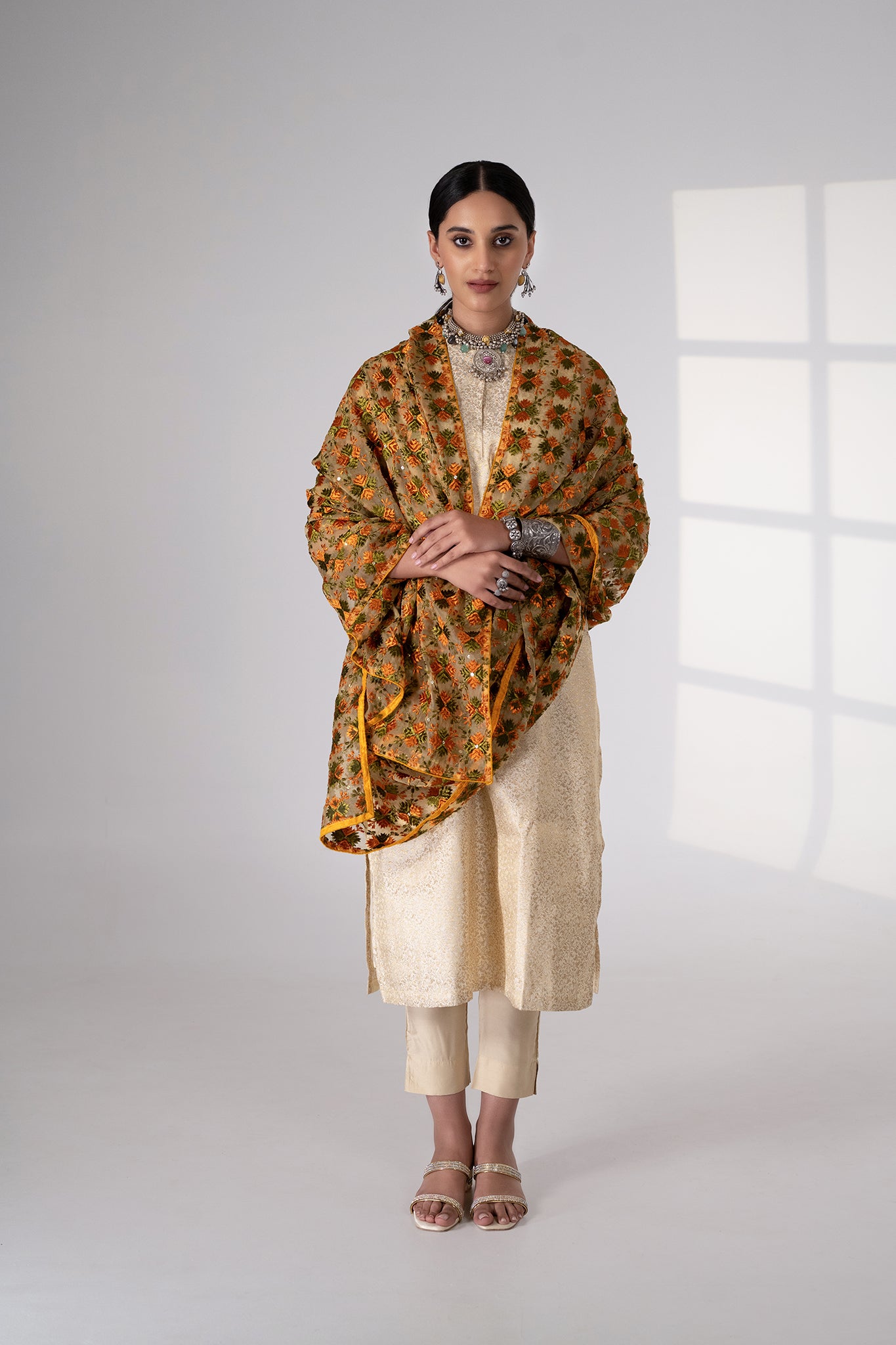 Splendid Trails Phulkari Dupatta for women by Mysticloom // Brown mehndi Organza Dupatta for Online shopping // Mehndi Festival