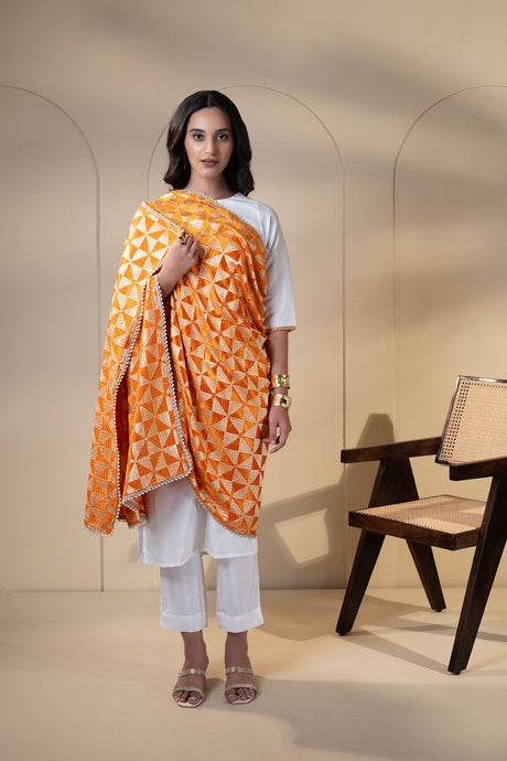Promise chiffon Phulkari Dupatta for women by Mystic Loom // Orange Dupatta embroidery
