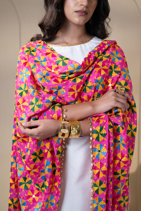 Blushing Beauty Phulkari Dupatta for Women by Mystic Loom | Pink Dupatta | Festive