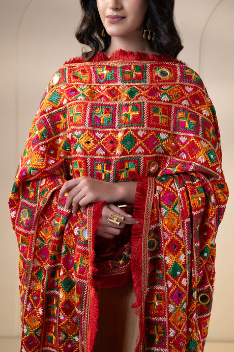 Color Fiesta Phulkari Dupatta for Women by Mystic Loom | Phulkari for online shopping | Red Wedding Dupatta