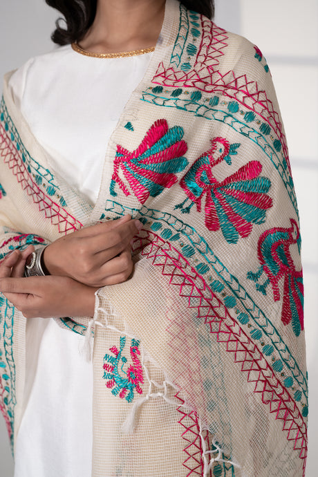 Mor Phulkari Dupatta for women by Mystic Loom // White Kota Dupatta Phulkari for online shopping 