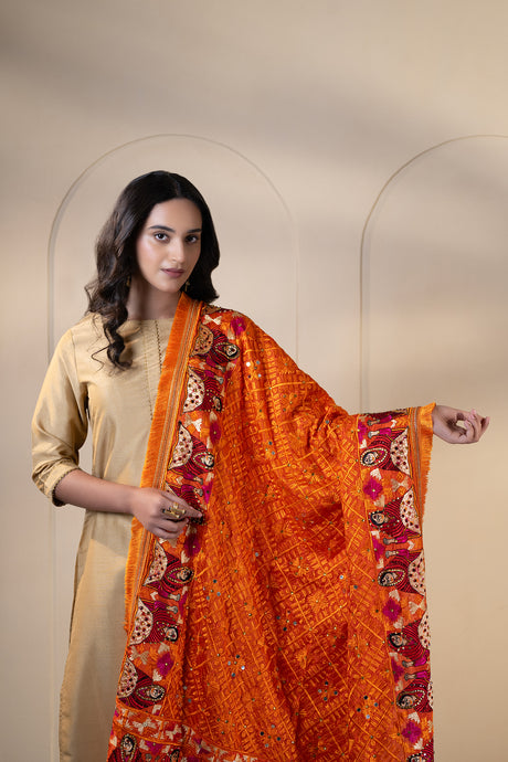 Motif chiffon Phulkari Dupatta for women by Mystic Loom // Orange Dupatta embroidery