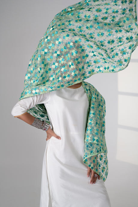 Splendid Trails Phulkari Dupatta for women by Mysticloom //  Green Organza Dupatta for Online shopping