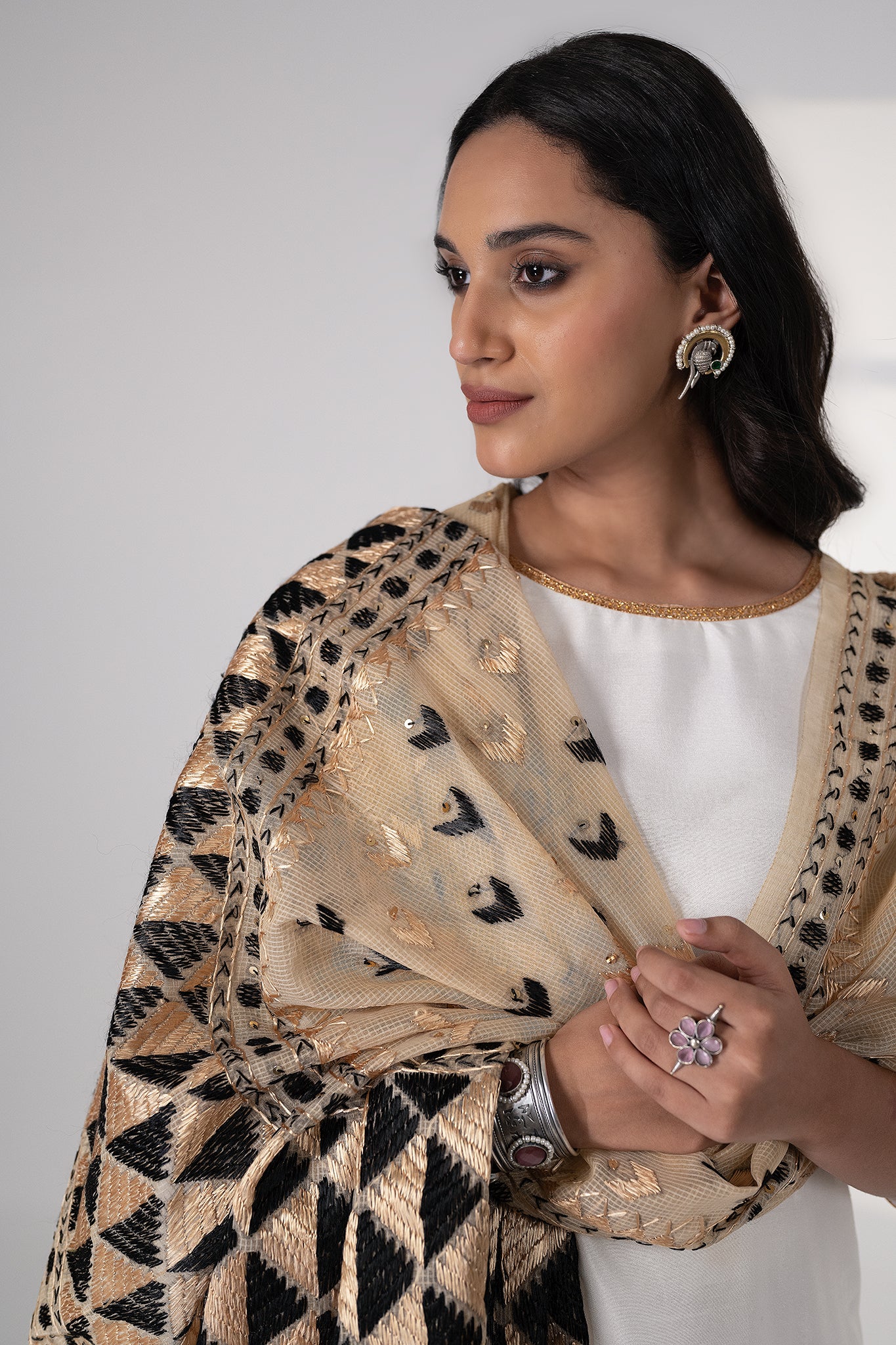 Nikhat handmade Phulkari Dupatta for women by Mystic Loom // Gold and Black kota dupatta for summer