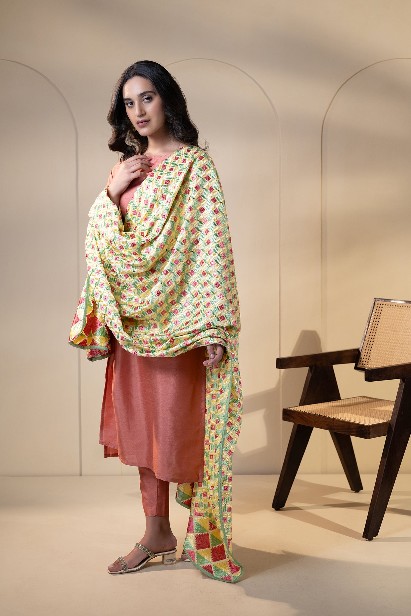 Lemon Vibes Phulkari Dupatta for Women by Mystic Loom | Phulkari for online shopping | Cotton Embroidery Dupatta