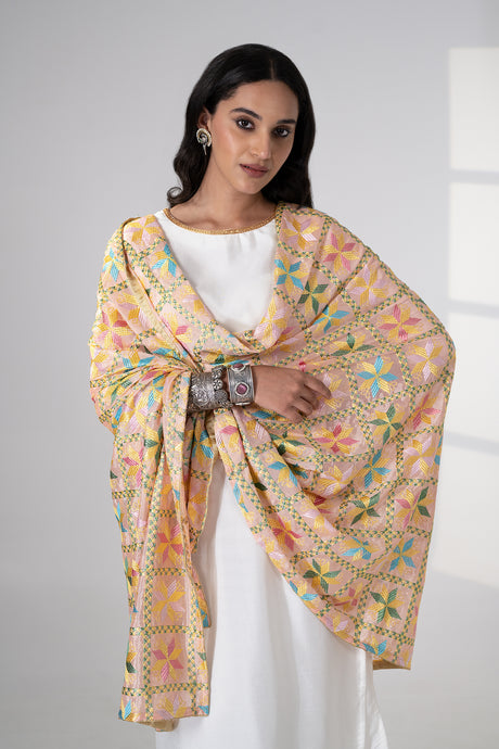 Spring Melody Phulkari Dupatta for women by Mysticloom //Peach Chiffon Dupatta for Online shopping // Pastel