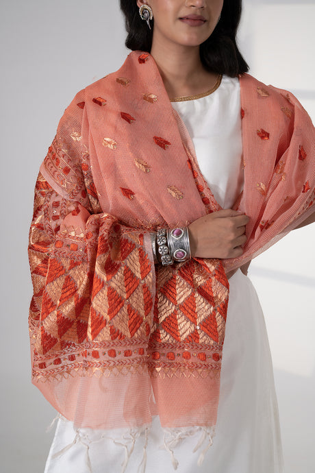 Fiza Phulkari Dupatta for Women by Mystic Loom | Summer Dupatta | Kota Peach