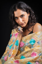 Load image into Gallery viewer, Cosmic Dreams Phulkari Dupatta for Women by Mystic Loom | Phulkari for online shopping | Organza Dupatta | Beige Gold | Light summer dupatta
